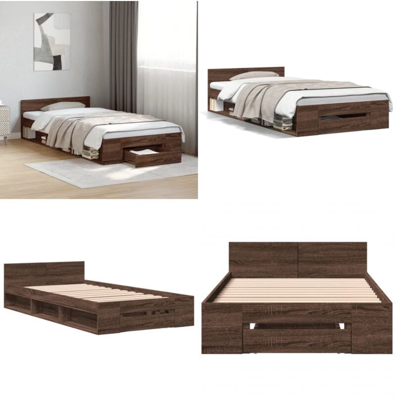 Cadre de lit avec tiroir sans matelas chêne marron 90x190 cm - Cadre De Lit - Lit Double - Meuble Chambre - Rangement Sous Lit - Tiroir Lit - Home &