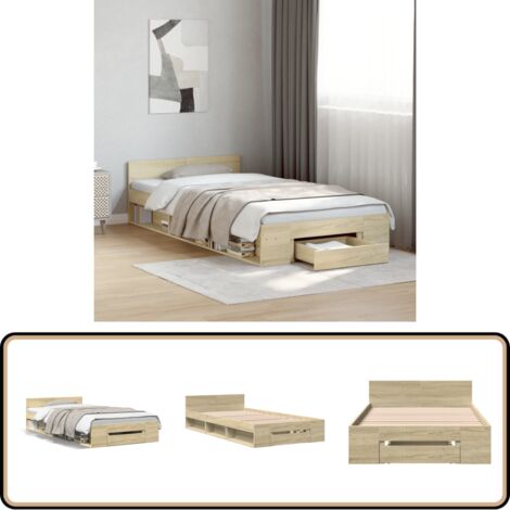 Cadre de lit avec tiroir sans matelas chêne sonoma 90x190 cm - Cadre De Lit - Lit Double - Meuble Chambre - Rangement Sous Lit - Tiroir Intégré