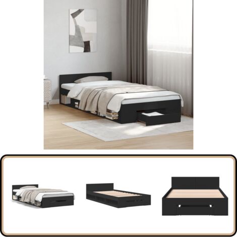 Cadre de lit avec tiroir sans matelas noir 90x190 cm - Cadre De Lit - Lit Double - Meuble Chambre - Rangement Sous Lit - Design Moderne