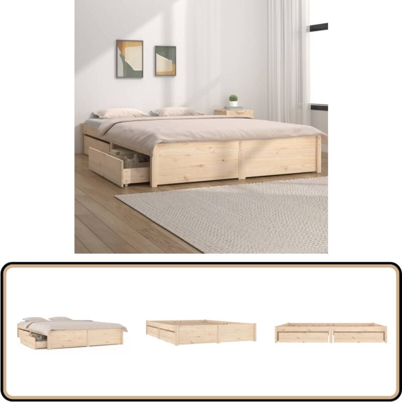 Cadre de lit avec tiroirs 140x190 cm Double - Cadre De Lit - Lit Double - Meuble De Chambre - Bois Massif - Tiroir Intégré