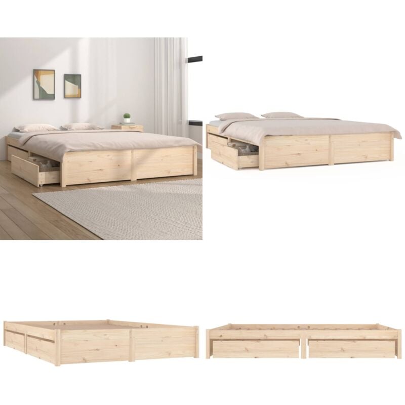 Cadre de lit sans matelas avec tiroirs 140x200 cm - Cadre De Lit - Lit Double - Meuble De Chambre - Lit Avec Tiroirs - Bois Massif - Home & Living