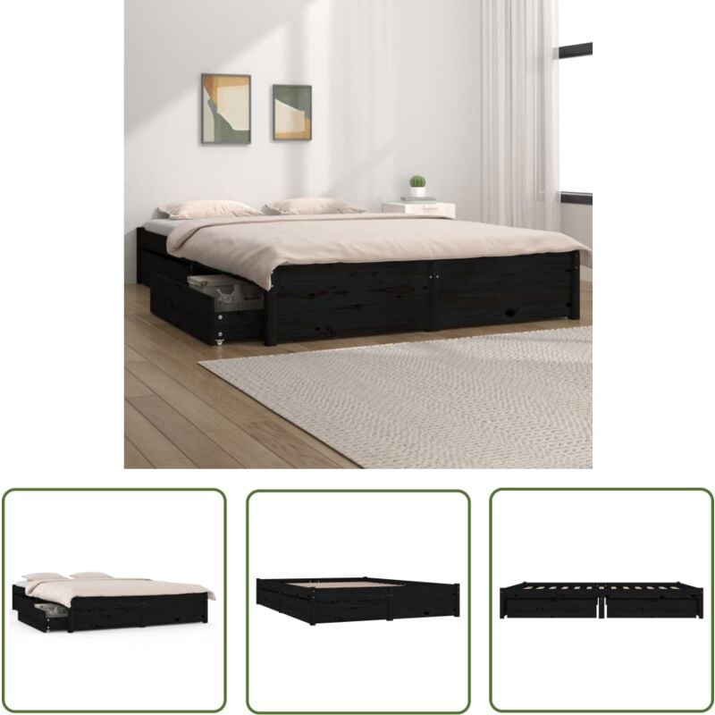 The Living Store Cadre de lit sans matelas avec tiroirs noir - Cadre De Lit - Lit Deux Places - Lit Simple - Meuble De Chambre - Rangement Sous Lit