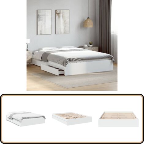 Cadre de lit avec tiroirs sans matelas blanc 160x200 cm - Cadre De Lit - Lit Double - Lit Avec Tiroirs - Meuble De Chambre - Rangement Sous Lit