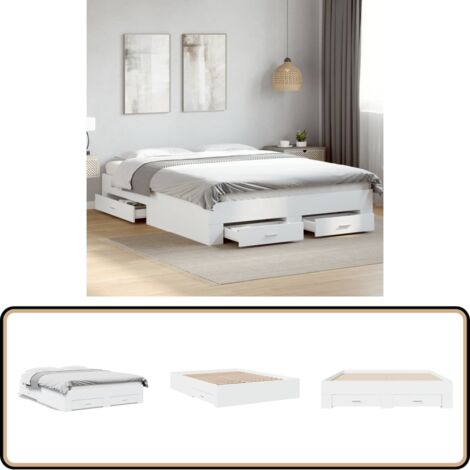 Cadre de lit avec tiroirs sans matelas blanc 160x200 cm - Lit Double - Cadre De Lit - Meuble De Chambre - Rangement Sous Lit - Design Moderne