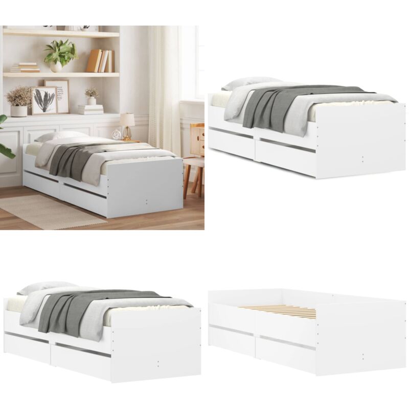 Cadre de lit avec tiroirs sans matelas blanc 90x190 cm - Cadre De Lit - Lit Simple - Lit Avec Tiroirs - Meuble De Chambre - Rangement Sous Lit - Home