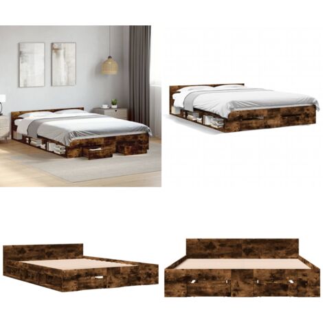 Cadre de lit avec tiroirs sans matelas chêne fumé 120x200 cm - Cadre De Lit - Lit Double - Lit Avec Tiroirs - Meuble De Chambre - Rangement Sous Lit - Home & Living