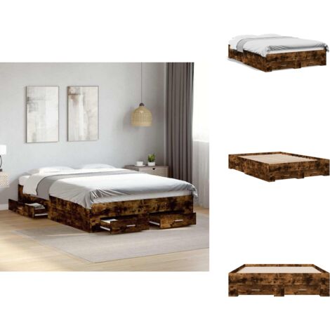 Cadre de lit avec tiroirs sans matelas chêne fumé 135x190 cm - Lit Double - Cadre De Lit - Meuble De Chambre - Rangement Sous Lit - Tiroir De Lit