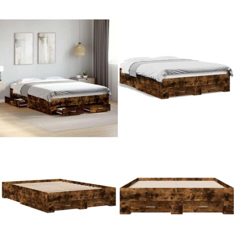 Cadre de lit avec tiroirs sans matelas chêne fumé 135x190 cm - Lit Double - Cadre De Lit - Meuble De Chambre - Rangement Sous Lit - Tiroir De Lit - Home & Living