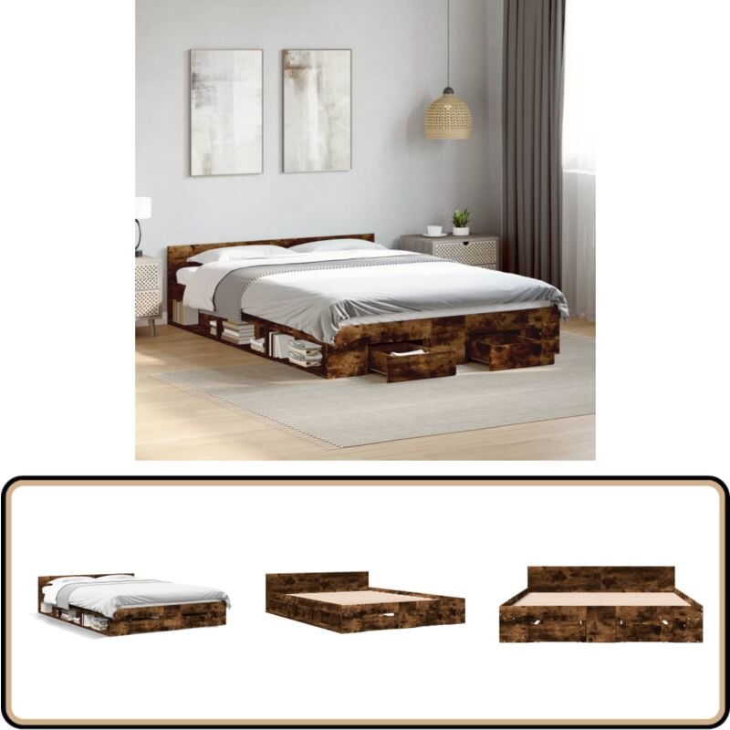 Cadre de lit avec tiroirs sans matelas chêne fumé 140x190 cm - Cadre De Lit - Lit Double - Lit Avec Tiroirs - Meuble De Chambre - Design Moderne