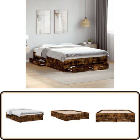 Cadre de lit avec tiroirs sans matelas chêne fumé 140x190 cm - Lit Double - Cadre De Lit - Meuble De Chambre - Rangement Sous Lit - Tiroir De Lit
