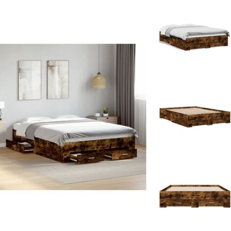 Cadre de lit avec tiroirs sans matelas chêne fumé 140x190 cm - Lit Double - Cadre De Lit - Meuble De Chambre - Rangement Sous Lit - Tiroir De Lit