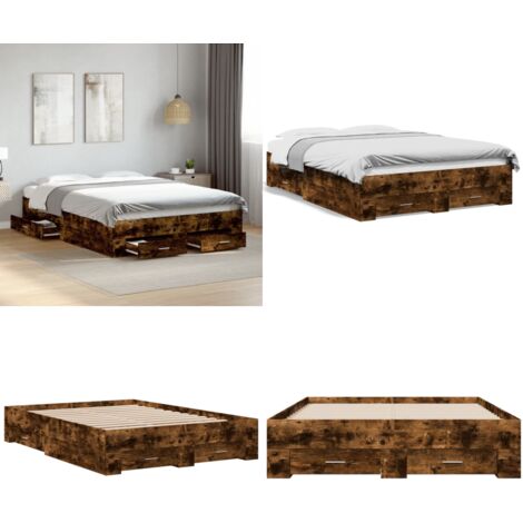 Cadre de lit avec tiroirs sans matelas chêne fumé 140x190 cm - Lit Double - Cadre De Lit - Meuble De Chambre - Rangement Sous Lit - Tiroir De Lit - Home & Living