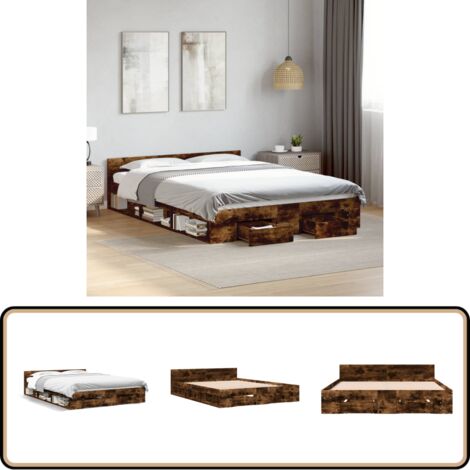 Cadre de lit avec tiroirs sans matelas chêne fumé 150x200 cm - Cadre De Lit - Lit Double - Lit Avec Tiroirs - Meuble De Chambre - Rangement Sous Lit