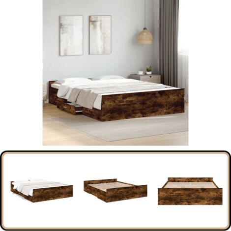Cadre de lit avec tiroirs sans matelas chêne fumé 150x200 cm - Cadre De Lit - Lit Double - Lit Avec Tiroirs - Meuble De Chambre - Rangement Sous Lit