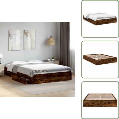 Cadre de lit avec tiroirs sans matelas chêne fumé 160x200 cm - Cadre De Lit - Lit Double - Lit Avec Tiroirs - Meuble De Chambre - Rangement Sous Lit