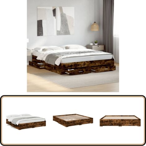 Cadre de lit avec tiroirs sans matelas chêne fumé 200x200 cm - Cadre De Lit - Lit Double - Lit Avec Tiroirs - Meuble De Chambre - Rangement Sous Lit