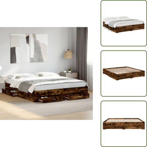 Cadre de lit avec tiroirs sans matelas chêne fumé 200x200 cm - Cadre De Lit - Lit Double - Lit Avec Tiroirs - Meuble De Chambre - Rangement Sous Lit