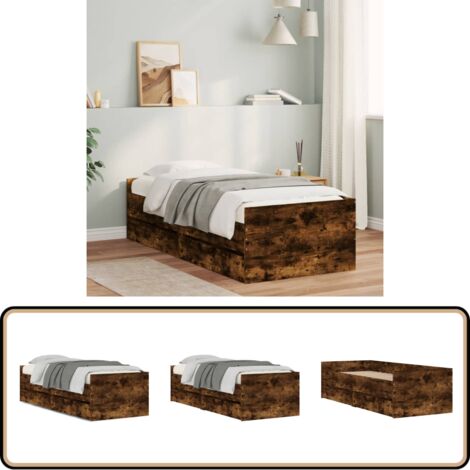 Cadre de lit avec tiroirs sans matelas chêne fumé 90x190 cm - Cadre De Lit - Lit Double - Meuble De Chambre - Rangement Sous Lit - Design Moderne