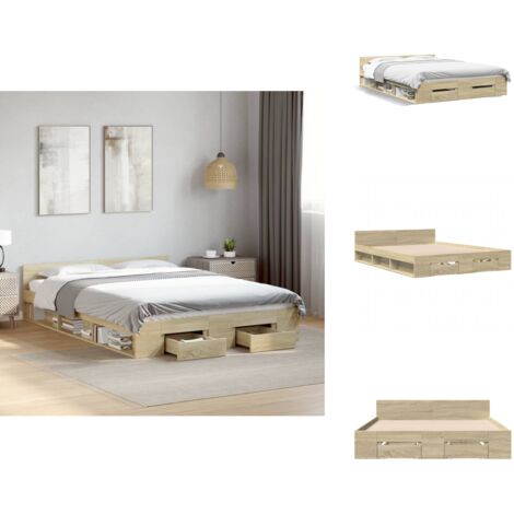 Cadre de lit avec tiroirs sans matelas chêne sonoma 120x190 cm - Cadre De Lit - Lit Double - Lit Avec Tiroirs - Meuble De Chambre - Rangement Sous Lit