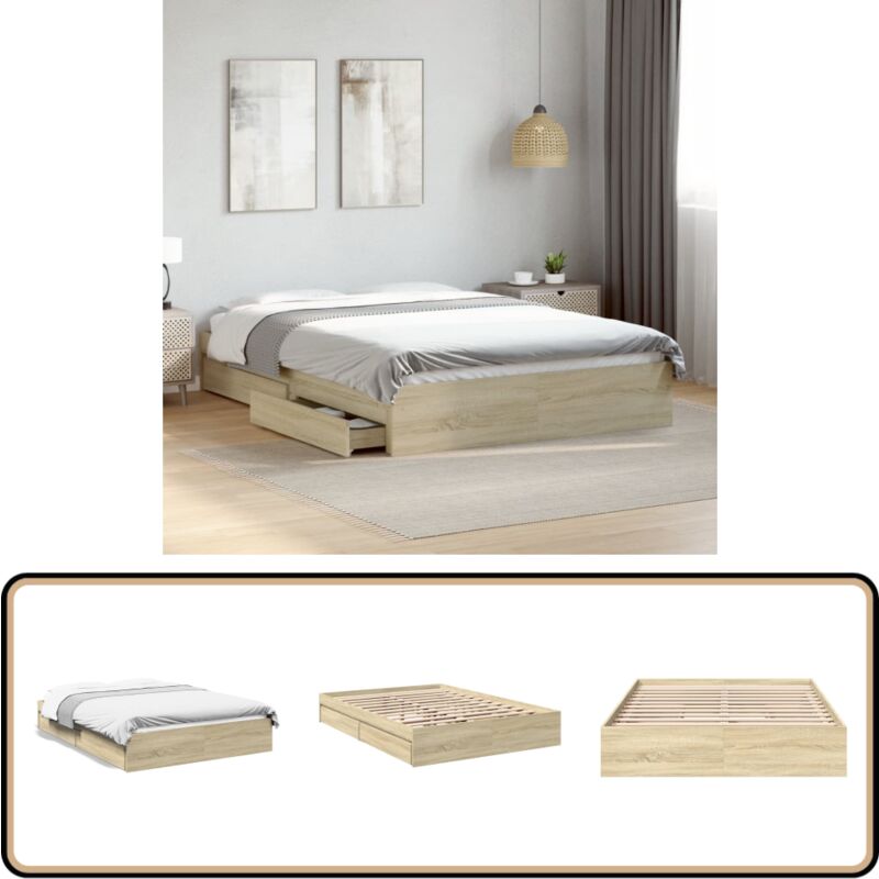 Cadre de lit avec tiroirs sans matelas chêne sonoma 140x190 cm - Cadre De Lit - Lit Double - Lit Avec Tiroirs - Meuble De Chambre - Rangement Sous Lit