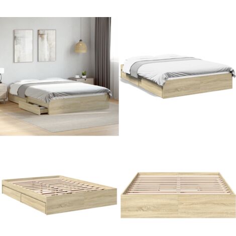 Cadre de lit avec tiroirs sans matelas chêne sonoma 140x190 cm - Cadre De Lit - Lit Double - Lit Avec Tiroirs - Meuble De Chambre - Rangement Sous Lit - Home & Living