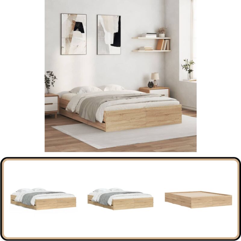 Cadre de lit avec tiroirs sans matelas chêne sonoma 140x190 cm - Cadre De Lit - Lit Double - Tiroir Lit - Lit Design - Lit Moderne