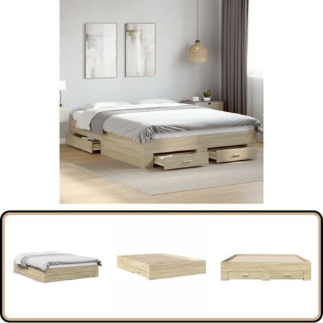 Cadre de lit avec tiroirs sans matelas chêne sonoma 160x200 cm - Cadre De Lit - Lit Double - Lit Avec Tiroirs - Meuble Chambre - Meubles Design