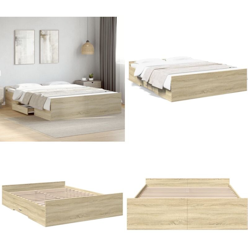 Cadre de lit avec tiroirs sans matelas chêne sonoma 160x200 cm - Cadre De Lit - Lit Double - Lit Avec Tiroirs - Meuble De Chambre - Rangement Sous