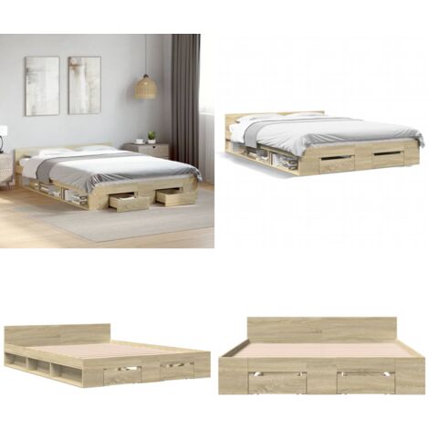 Cadre de lit avec tiroirs sans matelas chêne sonoma 160x200 cm - Cadre De Lit - Lit Double - Lit Avec Tiroirs - Meuble De Chambre - Rangement Sous Lit - Home & Living