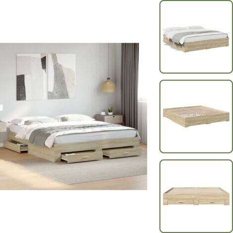 Cadre de lit avec tiroirs sans matelas chêne sonoma 200x200 cm - Cadre De Lit - Lit Double - Lit Avec Tiroirs - Meuble De Chambre - Rangement Sous Lit