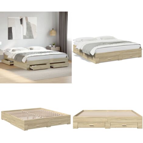 Cadre de lit avec tiroirs sans matelas chêne sonoma 200x200 cm - Cadre De Lit - Lit Double - Lit Avec Tiroirs - Meuble De Chambre - Rangement Sous Lit - Home & Living