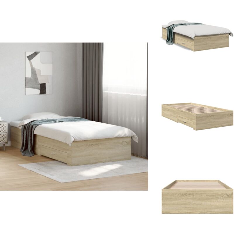 Cadre de lit avec tiroirs sans matelas chêne sonoma 90x190 cm - Cadre De Lit - Lit Double - Lit Avec Tiroirs - Meuble Chambre - Design Moderne
