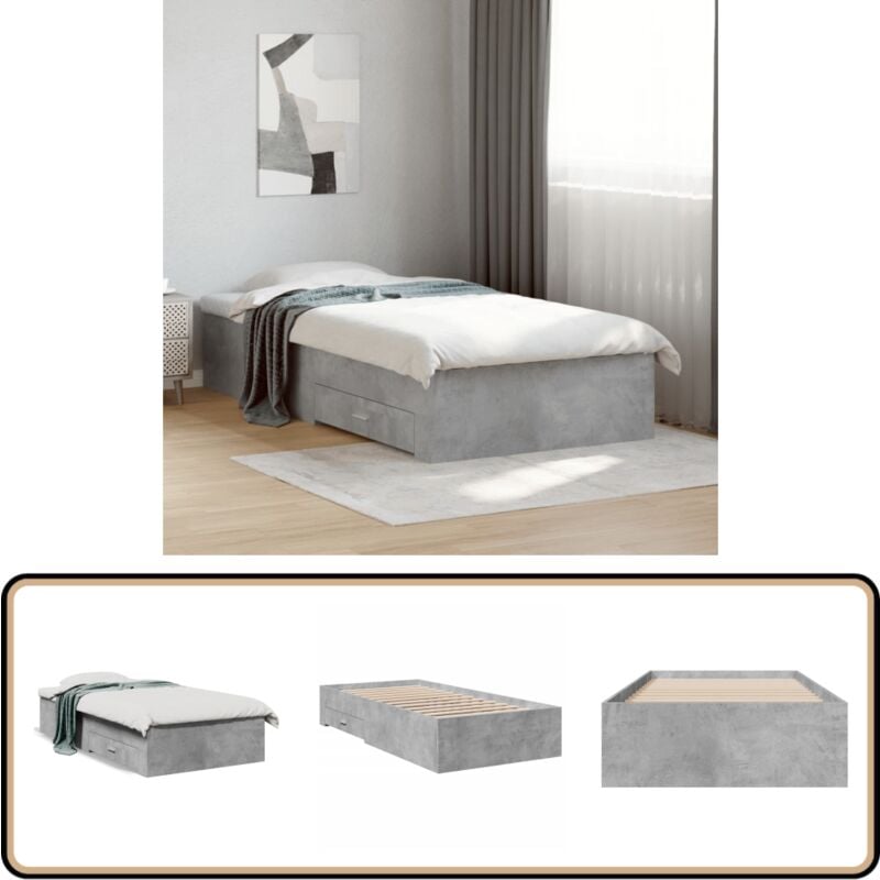 Cadre de lit avec tiroirs sans matelas gris béton 100x200 cm - Cadre De Lit - Lit Double - Lit Avec Tiroirs - Meuble De Chambre - Literie
