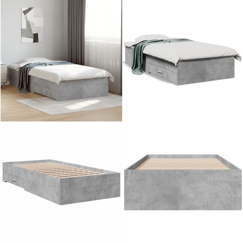 Cadre de lit avec tiroirs sans matelas gris béton 100x200 cm - Cadre De Lit - Lit Double - Lit Avec Tiroirs - Meuble De Chambre - Literie - Home &