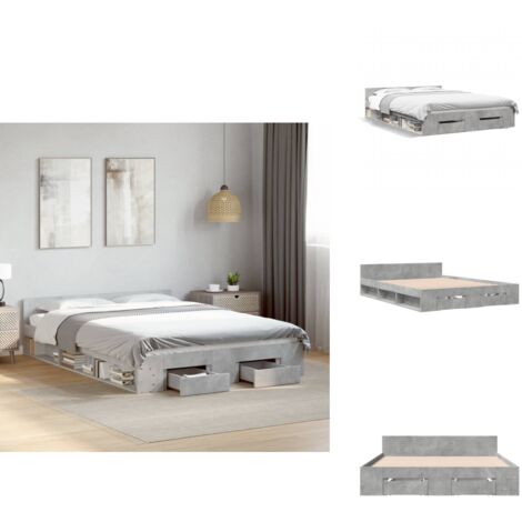 Cadre de lit avec tiroirs sans matelas gris béton 140x190 cm - Cadre De Lit - Lit Double - Lit Avec Tiroirs - Meuble De Chambre - Rangement Sous Lit