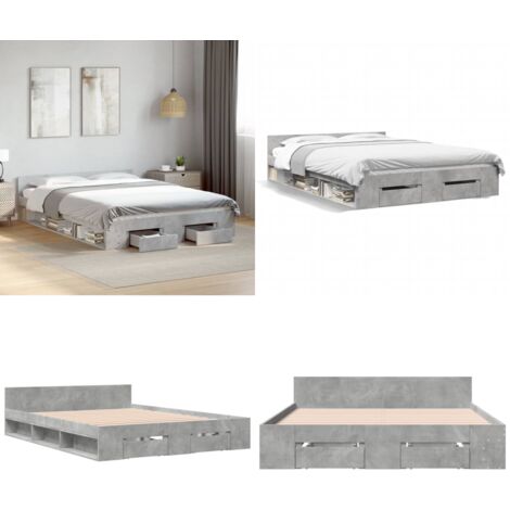 Cadre de lit avec tiroirs sans matelas gris béton 140x190 cm - Cadre De Lit - Lit Double - Lit Avec Tiroirs - Meuble De Chambre - Rangement Sous Lit - Home & Living