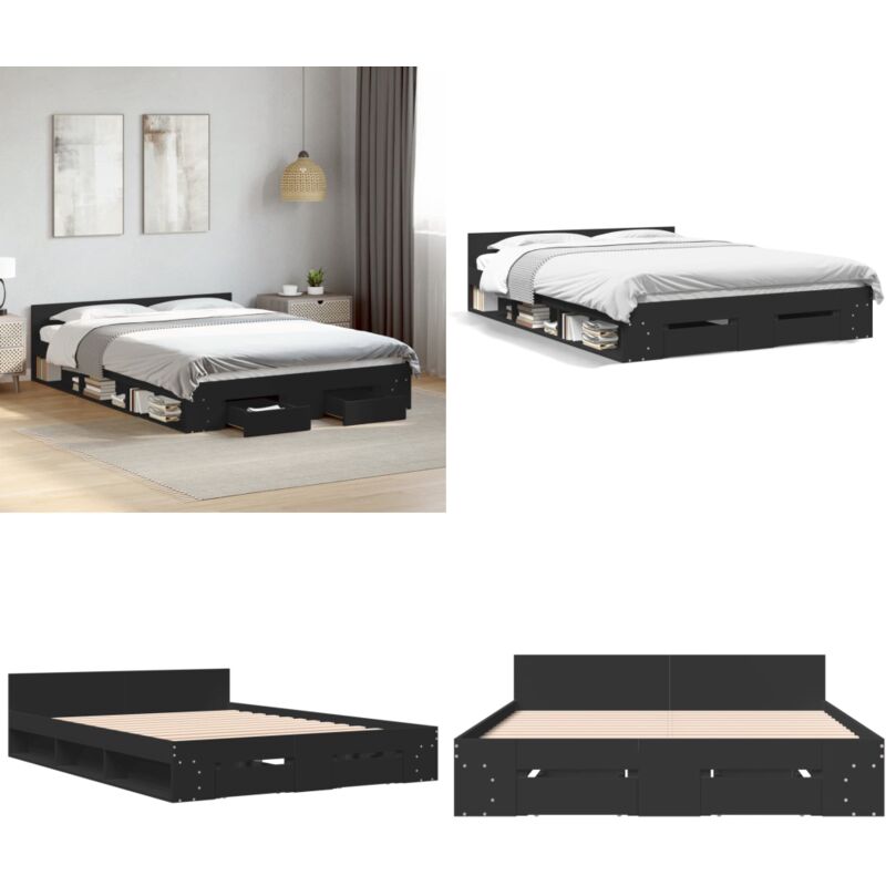 Cadre de lit avec tiroirs sans matelas noir 140x190 cm - Cadre De Lit - Lit Double - Lit Avec Tiroirs - Meuble De Chambre - Rangement Sous Lit - Home