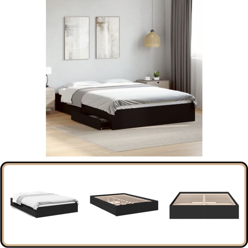 Cadre de lit avec tiroirs sans matelas noir 160x200 cm - Cadre De Lit - Lit Double - Lit Avec Tiroirs - Meuble De Chambre - Rangement Sous Lit