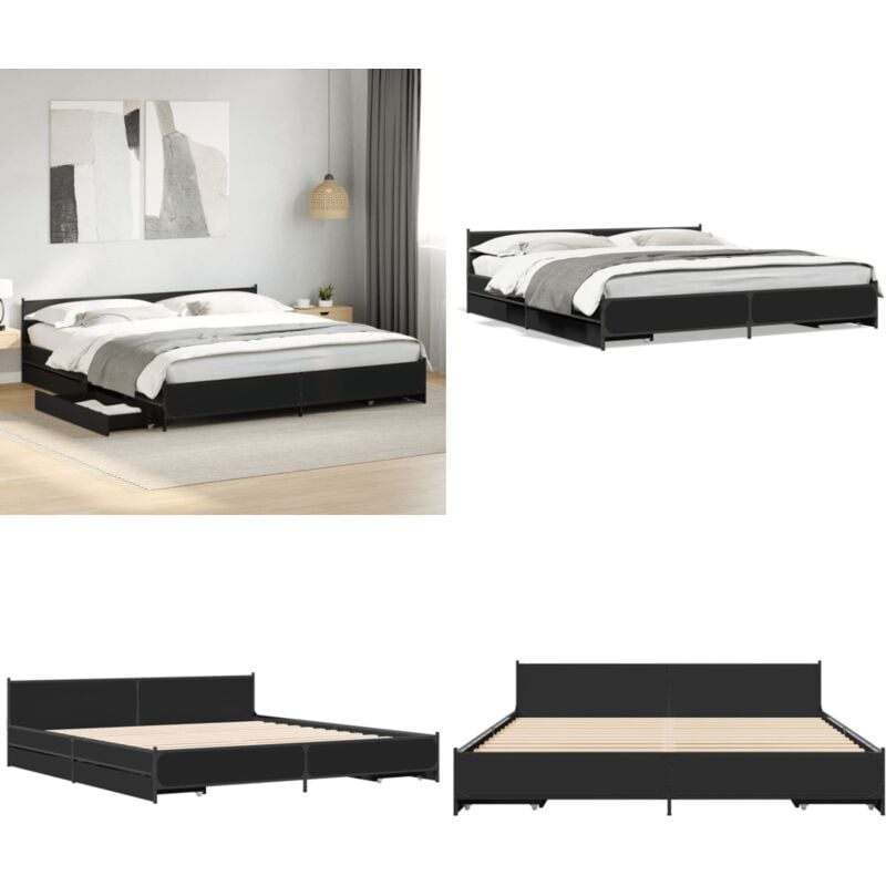 Cadre de lit avec tiroirs sans matelas noir 200x200 cm - Lit Double - Cadre Lit - Meuble Chambre - Rangement Lit - Tiroir Lit - Home & Living