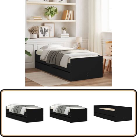 Cadre de lit avec tiroirs sans matelas noir 90x190 cm - Cadre De Lit - Lit Double - Meuble De Chambre - Rangement Sous Lit - Design Moderne