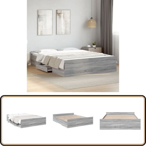 Cadre de lit avec tiroirs sans matelas sonoma gris 150x200 cm - Cadre De Lit - Lit Double - Lit Avec Tiroirs - Meuble De Chambre - Rangement Sous Lit