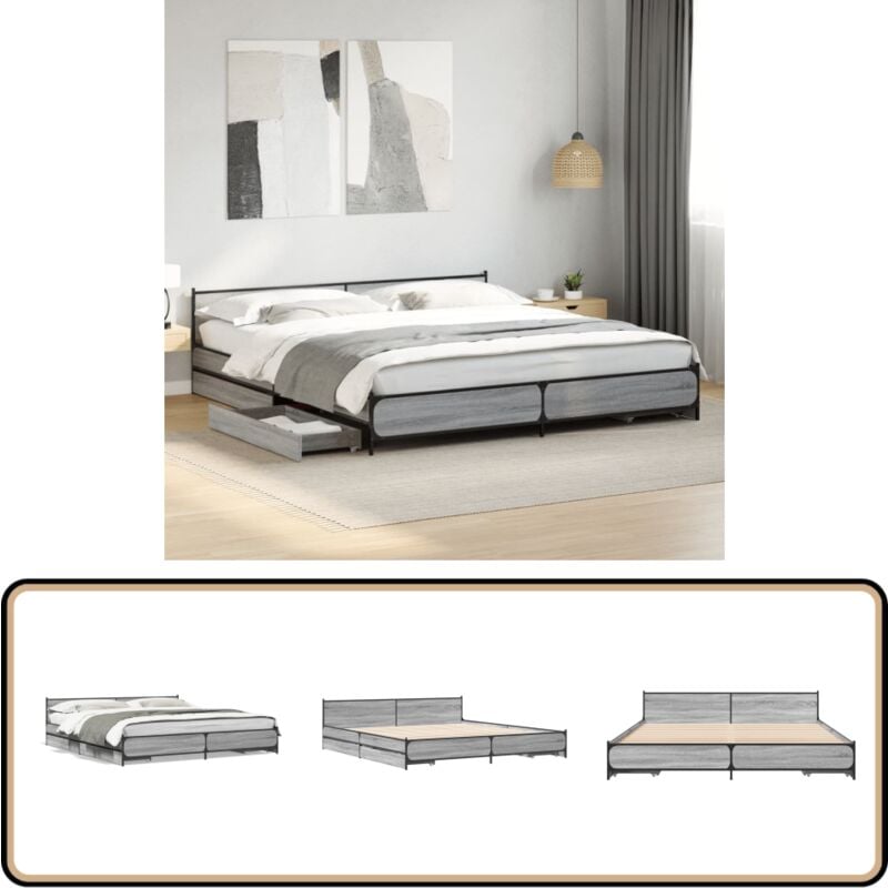 Cadre de lit avec tiroirs sans matelas sonoma gris 200x200 cm - Lit Coffre - Lit Avec Tiroirs - Cadre De Lit - Lit Double - Sommier Tapissier