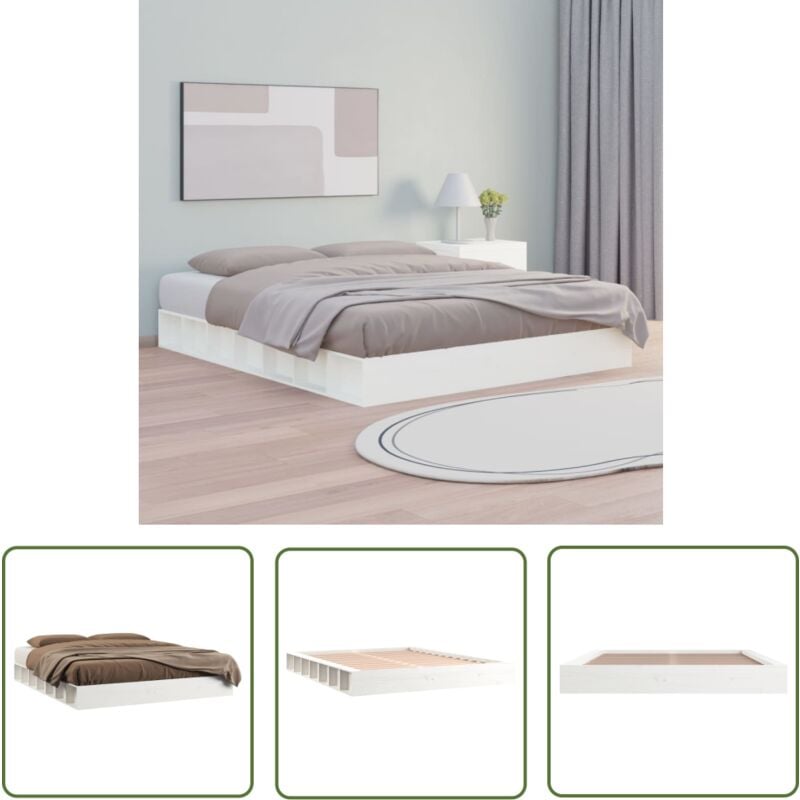 The Living Store - Cadre de lit sans matelas blanc 140x200 cm bois massif - Cadre De Lit - Lit Double - Bois Massif - Design Minimaliste - Chambre à