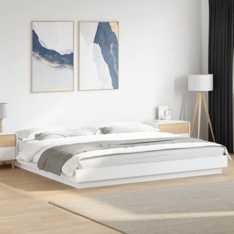Cadre de lit blanc 200x200 cm sans matelas - Bois d'ingénierie avec lattes contreplaqué - Design moderne - Assemblage requis