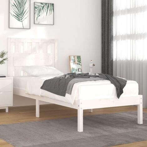 Cadre de Lit Blanc 90x200 cm Bois Pin Massif - Complet avec Tête de Lit