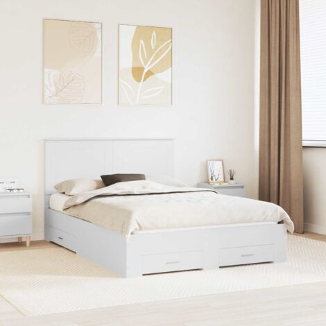 Cadre de lit blanc avec tiroirs 140x200cm Bois d'ingénierie - Lit double à rangement intégré et tête de lit minimaliste