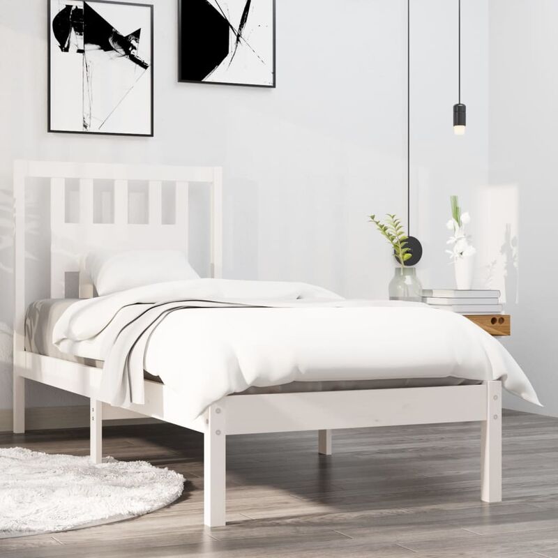 Lit avec tête de lit en bois en pin haut 90 x 190 cm couleur : Blanc