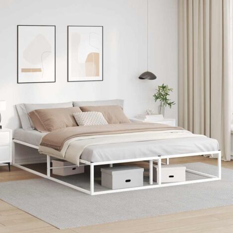 Cadre de Lit Blanc Métal 160x200 cm avec Sommier à Lattes et Espace de Rangement