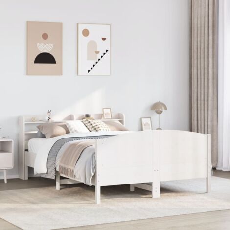 Cadre de Lit Bois de Pin Massif Blanc 140x200 cm avec Tête de Lit et Espace de Rangement