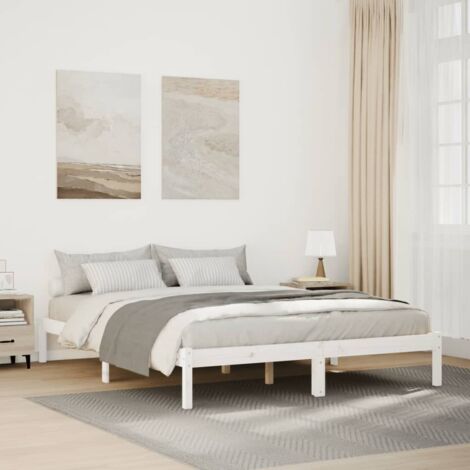 Cadre de lit bois de pin massif sans matelas Blanc Extra long 140x210 cm avec lattes et pieds robustes 215.5x145.5x31cm Assemblage requis